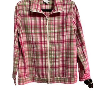 Breckenridge Womens Zip Up Collared Shacket Medium Pink Green Plaid Preppy Thin